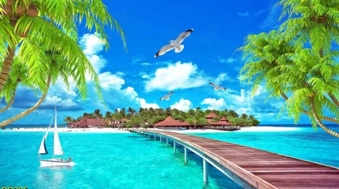 Tranh phong cảnh biển, bãi biển 3D khổ lớn dán tường giá rẻ TPHCM