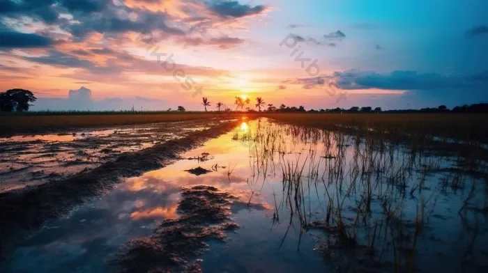Tải miễn phí Phản Chiếu Hoàng Hôn Phản Chiếu Chạng Vạng Phong Cảnh Cánh  đồng Ngô đầy Mê Hoặc Phản Chiếu Trong Bùn Và Nước Giữa Bầu Trời Màu Vàng  Cam ấn