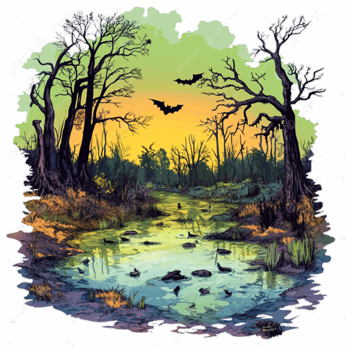 Hình ảnh Phong Cảnh đầm Lầy Halloween Kỳ Quái Với Hình Minh Họa Cây Dơi Và  Mặt Nước Tĩnh Lặng PNG , Lễ Hội Hóa Trang, đầm Lầy, Phong Cảnh PNG trong