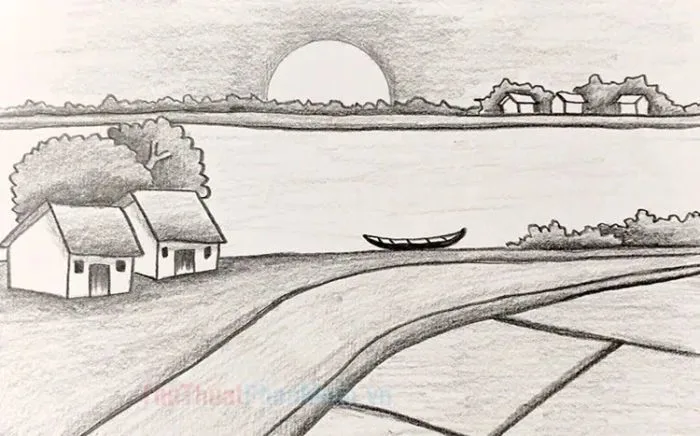 Tranh vẽ phong cảnh làng quê bằng bút chì đơn giản nhưng mang vẻ đẹp tinh  tế, đậm chất quê hương.