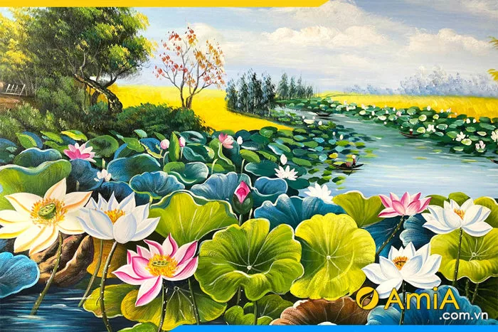Tranh phong cảnh hồ sen quê hương vẽ sơn dầu AmiA TSD 656