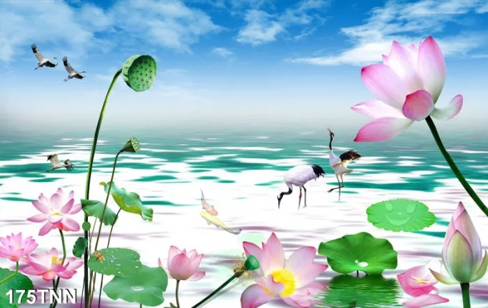 Tranh phong cảnh hoa sen và đôi chim tung cánh bay