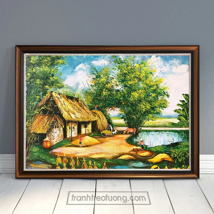 Mẫu tranh phong cảnh làng quê xưa nhà tranh mái lá TDQ472