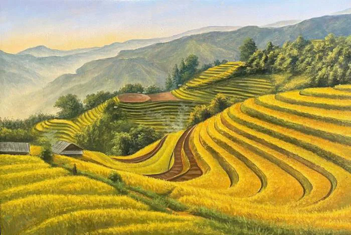 98+ Tranh ruộng bậc thang mùa lúa chín - Ý nghĩa phong thủy