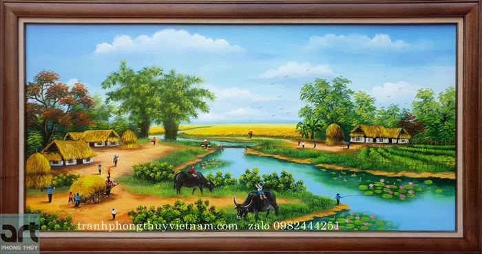 Tranh phong cảnh quê hương làng quê đẹp thanh bình