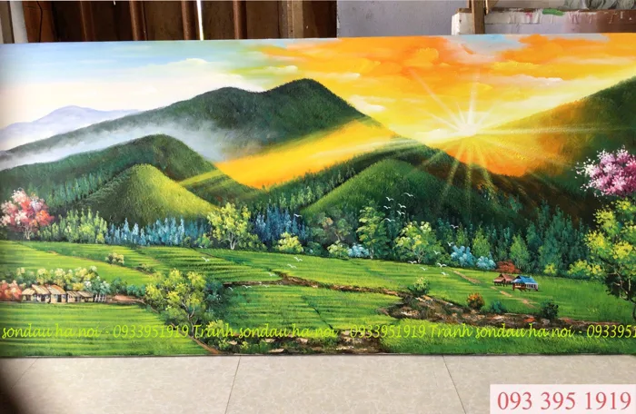 Tranh sơn dầu phong cảnh núi non hùng vĩ, tranh phong cảnh núi đồi đẹp