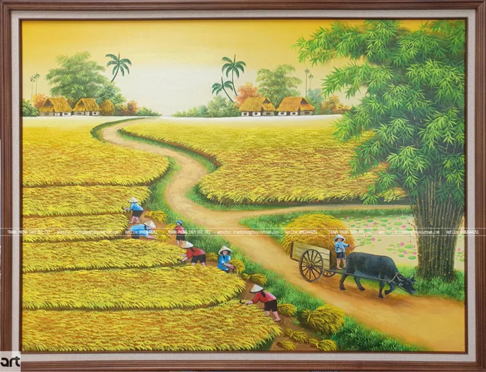 Tranh sơn dầu cảnh đồng quê mùa lúa chín
