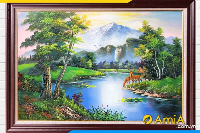 Tranh sơn dầu phong cảnh sông núi chú nai rừng TSD 621 | TranhAmiA