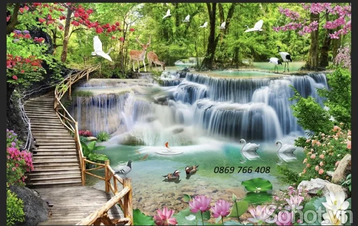 Tranh gạch phong cảnh suối nước 3D