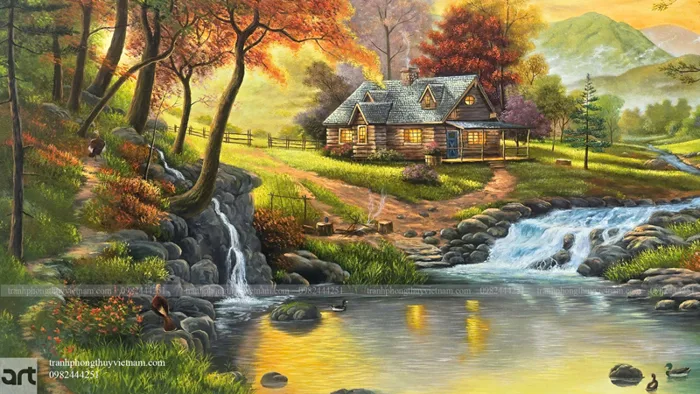Tranh phong cảnh gôi nhà bên suối | Thomas Kinkade (bản chép)
