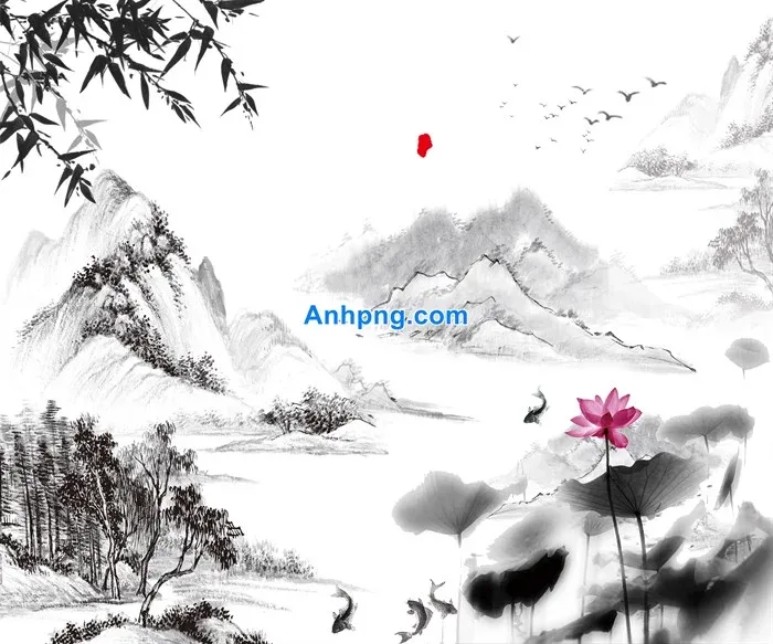 Tranh thủy mặc phong cảnh hoa sen trang trí không gian thanh tịnh -  Anhpng.com - Kho Tài Nguyên Thiết Kế: Ảnh Png, Vector, Corel, Ai, Psd