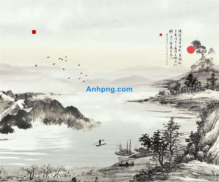 Tranh thủy mặc phong cảnh núi non trang trí phòng khách sang trọng -  Anhpng.com - Kho Tài Nguyên Thiết Kế: Ảnh Png, Vector, Corel, Ai, Psd