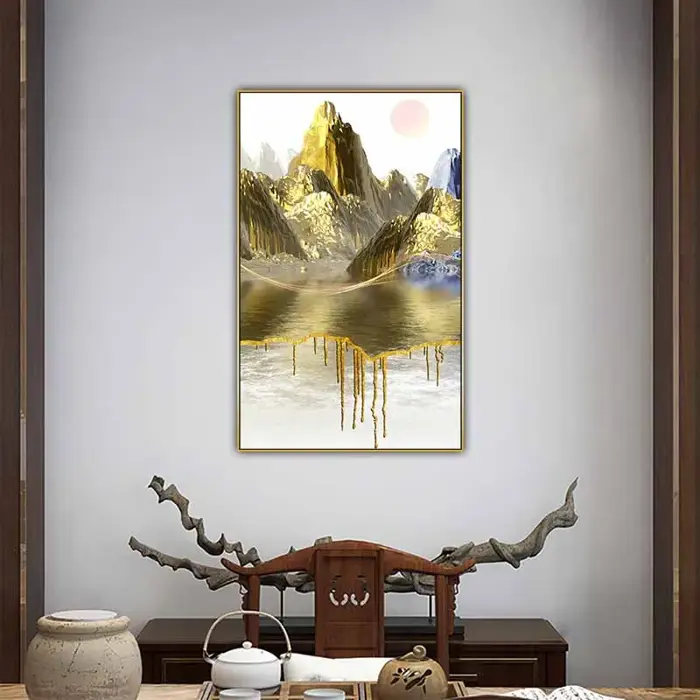 Tranh trừu tượng phong cảnh ngọn núi với phong cách sơn chảy