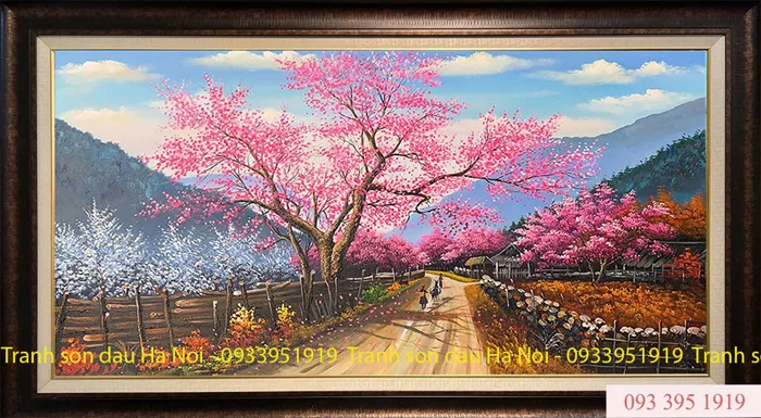 Tranh sơn dầu phong cảnh tây bắc hoa đào mùa xuân 63