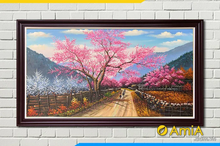 Tranh sơn dầu mùa xuân Tây Bắc đào nở AmiA TSD 624