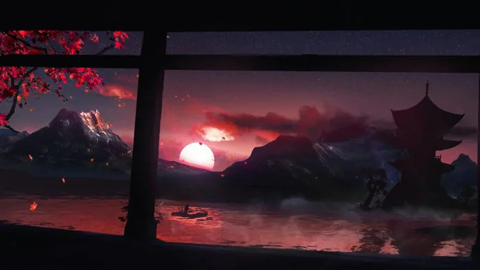 Lake, Sunset, Trees, Leaves