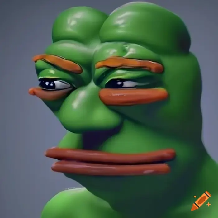 Meme pepe the frog is crying, in 3D, 4K, hyperrealism on Craiyon