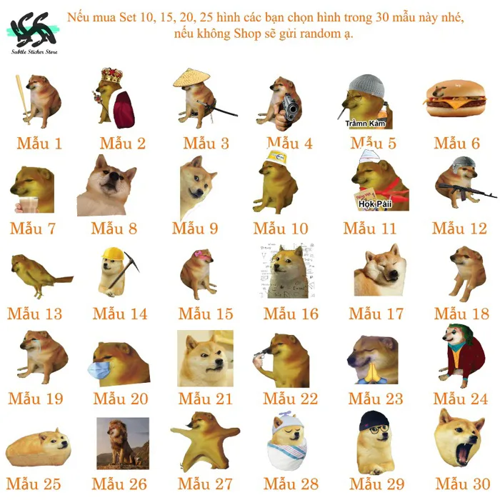 [Meme Cheems] - Combo Set 10/15/20/25/30 Sticker Chú chó cheems hình dán trang trí vali, điện thoại..siêu đẹp chống nước