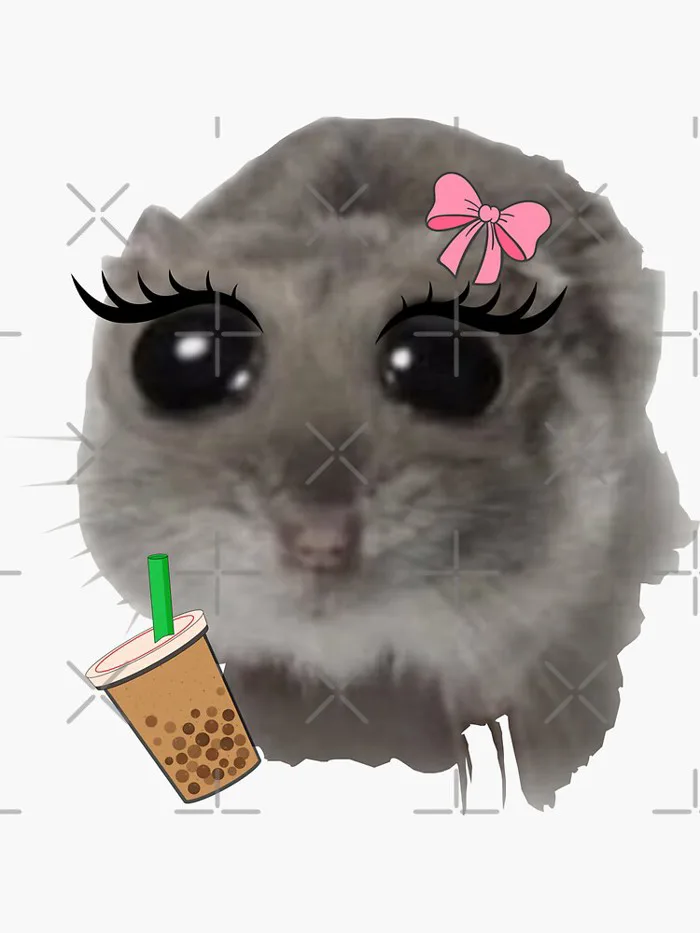 Cute Sad Coquette Hamster Funny Meme / Big Eye Eyes Eyed Mouse / Hamster  With Bubble Tea Sticker