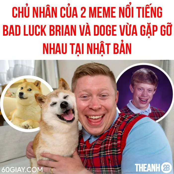 HAI MEME HUYỀN THOẠI GẶP NHAU Mới đây, cuộc gặp gỡ ngoài đời thực của 2  huyền thoại meme là Bad luck brian và Doge đã khiến cư dân mạng thích thứ.