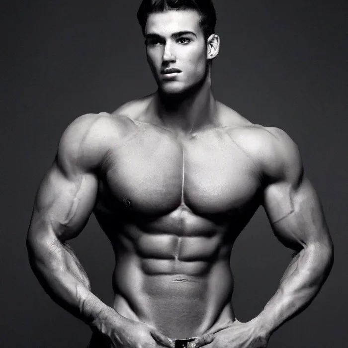 Meme gigachad (a cool completely gray muscular man on a gray background who  looks away)