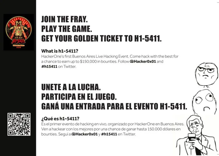 We bring the memes! First 10 winners get a ticket to hack with us at  h1-5411 on Saturday for up to $150K in bounties! #h15411 #memeCTF #eko14  #togetherwehitharder