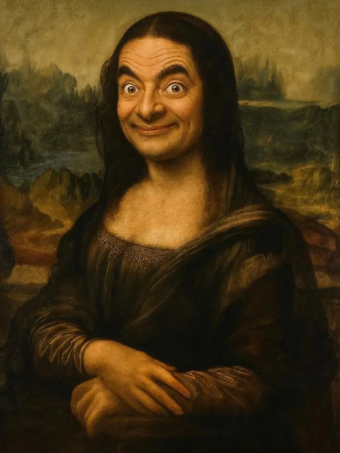Rowan Atkinson's iconic Mr. Bean face hilariously replaces Mona Lisa in this vintage pop art meme. A perfect mashup of Leonardo da Vinci's painting and modern humor, ideal for fans of trending