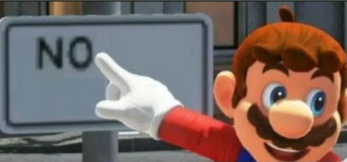 Mario points at a 