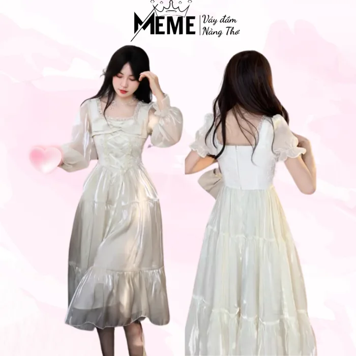 Đầm tiểu thư dáng dài MeMe thiết kế cổ chữ U phối ren đan dây eo tinh tế  tùng váy xoè nhẹ nhàng dự tiệc [TLV22] | Shopee Việt Nam