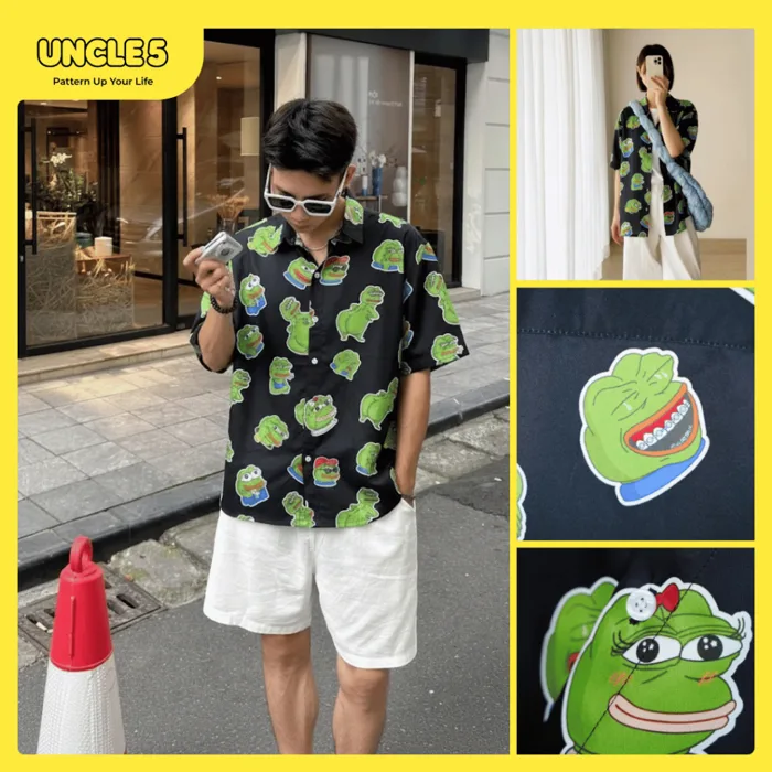 Áo Sơ Mi Tay Ngắn Có Cổ Hoạ Tiết Meme Ếch Xanh Lá Unisex Dễ Phối Đồ |  Shopee Việt Nam