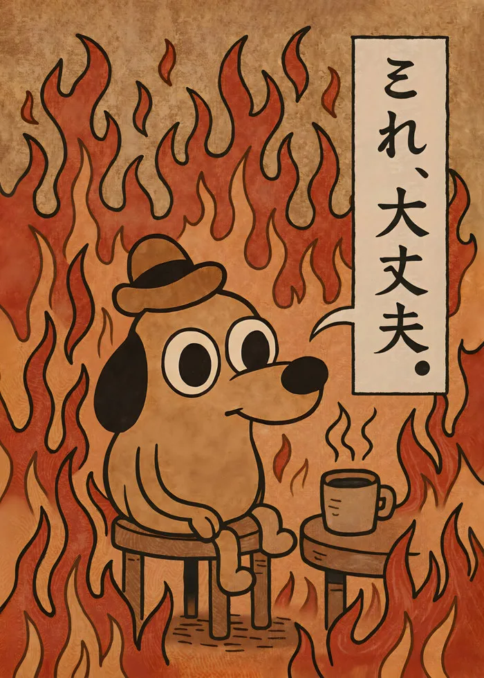 Plakát This Is Fine Japanese Dog Meme - Vintage Coffee and Calm Art | Obraz  na zeď | 3+1 zdarma | Posters.cz