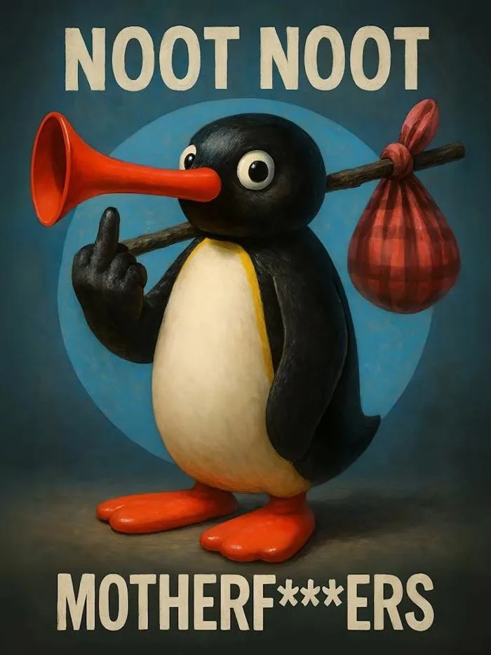A cute penguin with attitude! This vintage pop art meme features Pingu  yelling “Noot Noot” with retro cartoon flair. Equal parts motivational and  motherf**king hilarious—perfect for fans of funny penguin humor, comedy,